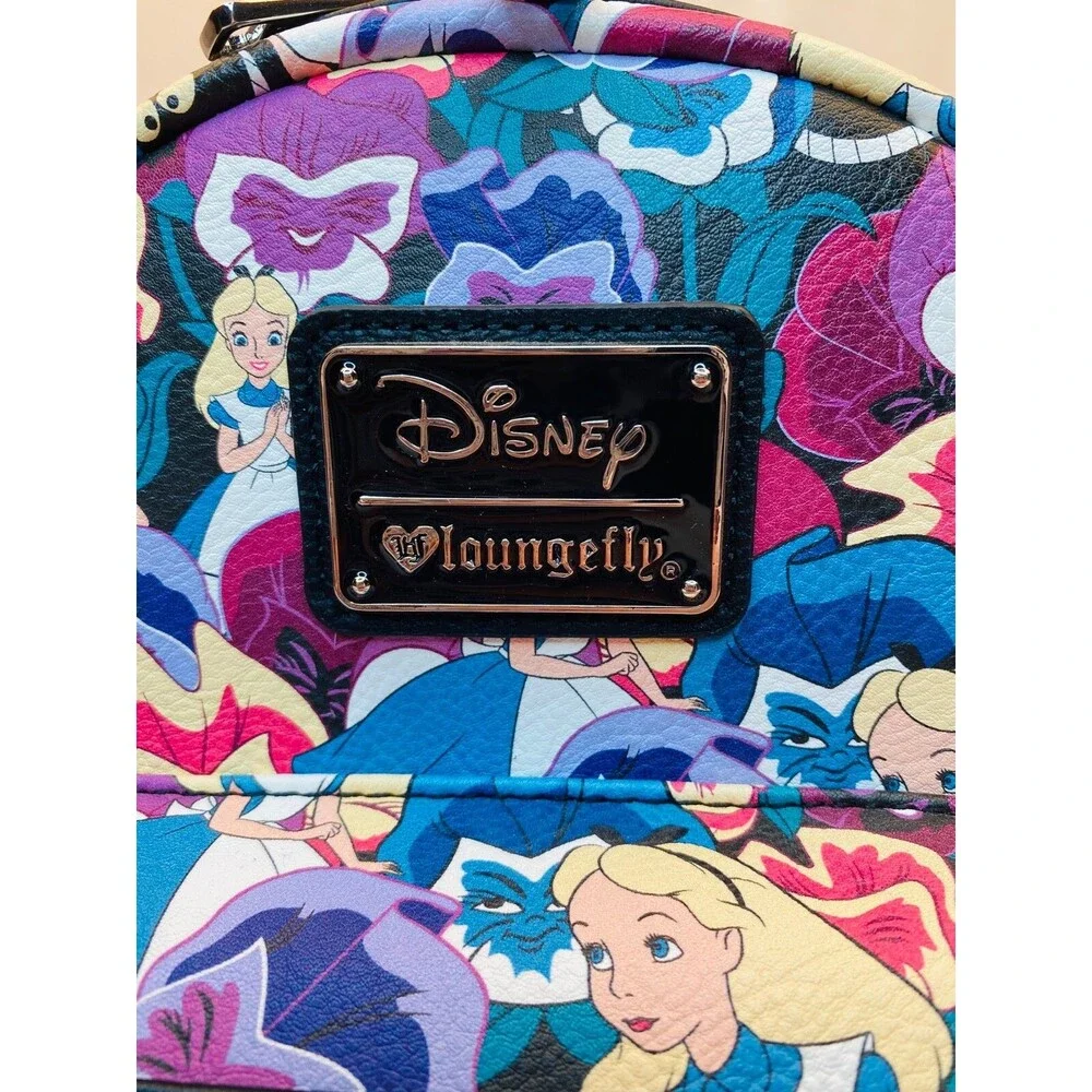 Loungefly Disney Parks Alice Wonderland Wild Flower AOP Mini Backpack HEART LOGO